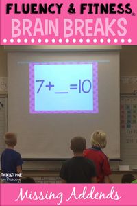 Fun movement breaks in the classroom! Help your student work on missing addends and math fact fluency, while giving them a brain break. Fluency & Fitness is great for math and reading blocks, brain breaks, transitions, inside recess, and more. Click to find over 700 videos on 60 literacy and math topics for Fluency & Fitness. #mathfacts #missingaddends #addition #brainbreaks #firstgrade #secondgrade #fluencyandfitness