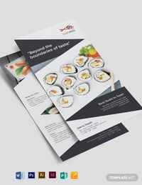 Instantly Download Sushi Restaurant DL Card Template, Sample & Example in Microsoft Word (DOC), Adobe Photoshop (PSD), Adobe InDesign (INDD & IDML), Apple Pages, Microsoft Publisher, Adobe Illustrator (AI) Format. Available in 4x9 Inches + Bleed. Quickly Customize. Easily Editable & Printable.