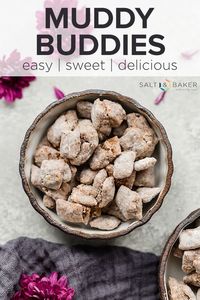 This muddy buddies recipe is GENEROUSLY coated in a chocolate peanut butter mixture and then topped with a skiff of powdered sugar. These are THE BEST muddy buddies ever! #saltandbaker #treat #recipe #chocolate