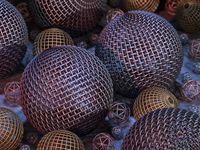 Close-up view of various hollow balls made of wire mesh. 2020, giclée print. Watermarked preview. #wireballs #balls #hollow #wire #mesh #net #intertwined #metal #metallic #stilllife #gold #silver #copper #closeup #decorative #concretefloor #sinewave #wallart
