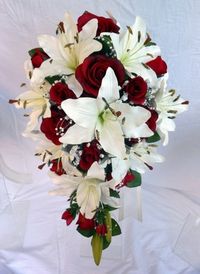Cascade Wedding Bouquet Ivory Lillies Burgundy Roses Pearl Loops - beautiful for a winter wedding.
