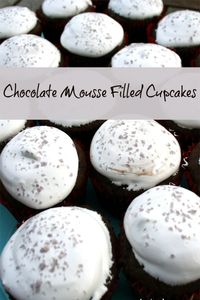 Moist, chocolatey cupcakes filled with a light, airy chocolate mousse and topped with a marshmallow frosting #cupcakes #mousse #chocolate #marshmallow via @BooksCooksLooks
