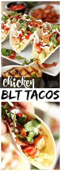 Grilled Chicken BLT Tacos are a delicious fusion of two of our favorite Summer dishes. The bacon flavor in each bite takes chicken tacos to a new level. via @favfamilyrecipz