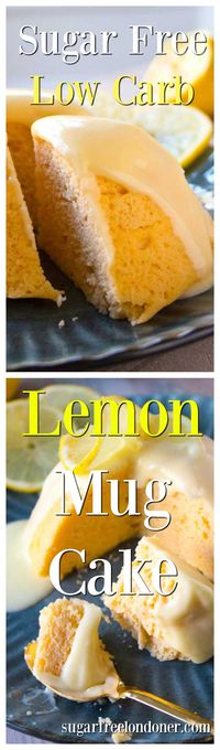 Big flavour, light texture and ready in minutes: Try this easy sugar free lemon mug cake with a deliciously zingy lemon glaze. Low carb, gluten free and keto-friendly. #lowcarb #keto #sugarfree #diabetic #glutenfree #LCHF