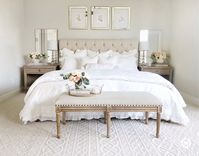 Bedroom, bedroom decor, tufted headboard, French country style, ruffle duvet, upholstered bench, rustic chic, farmhouse