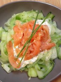 Ingrédients (pour 4 personnes) : - 2 concombres - 200 g de saumon fumé - 4 cuillères à soupe de crème fraîche - ciboulette - 1 cuillère à café de moutarde - jus d'un demi citron - sel, poivre