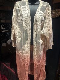 Lace Kimono Jacket Vintage Style Pink Tie Dye Embroidered wrap Vintage look Embroidered lace Kimono Open front with one tie Oversized look, one size shoulders 21 in Chest 52 in Arm hole 22 in Sleeve inseam 11 in 42 in long These are our own production so if you need a quantity for a wedding or event please let me know. Check out our over a THOUSAND great reviews