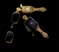 Rossel & Fils Lorgnette, yellow gold with blue enamel and diamonds, with watch, circa 1860 .(Image by Pierre EmD CC BY-SA 3.0.)