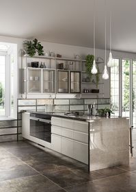 Functionality and design every day. Composition with peninsula, Concrete Jersey and Earth Grey decorative melamine doors and Soft Steel frame doors with Smoky Glass.