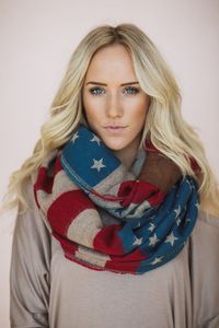 American Flag Scarf, Knit Loop, Stars & Stripes, Team USA Infinity Scarf, Cozy American Flag Loop with Leather Cuff (SCF-99)