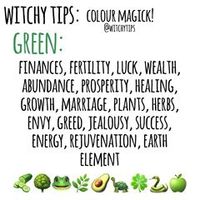 🌿 GREEN 🌿 Use colour magick to help you pick candle colours, altar decor, clothing choices and more for spells and rituals to give it an extra boost! Here's some correspondences of green: Element: Earth Planetary & Astrological: Venus, Mercury, Aquarius, Cancer Chakra: Heart Associates Body Parts: Upper Back, Spine, Shoulders, Breasts, Heart, Lungs, Respiratory System, Circulatory System
