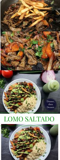 Peruvian steak and fries with red onions and tomatoes, topped with spicy cilantro sauce and served with brown rice