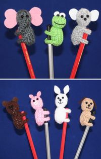 Knitting Pattern for Animal Pencil Toppers- Elephant, frog, rabbit, dog, teddy bear, koala and pig pencil toppers but with different coloured bodies and ear shapes you can make any animal you want. Knit flat on straight needles. About 6 1/2cm (2 1/2″) tall. Designed by Kookla Creations who allows the selling of finished items.