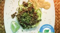 Recipe for Zucchini Noodles With Lentils and creamy vegan pesto sauce. YUM!