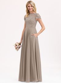 A-Line Scoop Floor-Length Chiffon Lace Bridesmaid Dress (007206482) - JJ's House