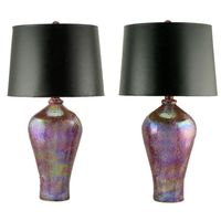 Beautiful opalescent lavender, green, blue and copper textured ceramic vase form table lamps with lavender lacquered wood ball finials. Sold sans shades.