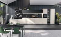 White aged oak and black aluminum frame trasperent glass | Black lacquered leather effect | Worktop: Iris | Groove and plinth: black