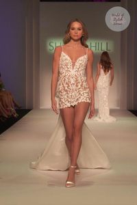 Embroidered White Slip Mini Dress / Short Dress with Spaghetti Straps. Fall 2022 Collection. Bridal & Evening 2022 at the NYFW. Runway Show by Sherri Hill.