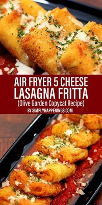 This is an air fryer version of Olive Garden's Lasagna Fritta that is very tasty! You can also fry them in a pan if you do not have access to an air fryer. Five cheese lasagna fritta is fried lasagna with creamy ricotta cheese, mozzarella, parmesan, romano, and asiago cheese spread in between rolled lasagna noodles that are then dipped in batter and fried golden crispy. Serve with marinara and/or alfredo sauce.