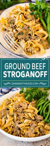 This ground beef stroganoff is a mix of hamburger meat and mushrooms, all in a creamy sauce with egg noodles. A comfort food classic that's easy to make and is always a big hit with family and friends.