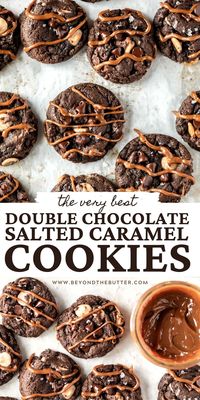 These soft and chewy Double Chocolate Salted Caramel Cookies are the perfect mix of sweet and salty! For a little extra sweetness, drizzle a thick melted caramel sauce or dulce de leche over top of your cookies! YUM! Recipe over on BeyondtheButter.com | #cookies #saltedcaramel #saltedcaramelcookies #dessert #beyondthebutter