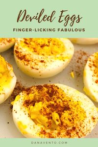 Finger-licking fabulous deviled eggs will make you swoon for more! Simple recipe with big taste.  #deviledeggs #partyfood #easter #hardboiledeggs #stuffedeggs #appetizer