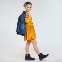 honeypiekids | Mayoral Girls Pleated Satin Dress Girl | Mayoral Girls Mustard Pleated Satin Dress Long sleeved Dress with elasticated cuffs for girl aged 8 to 18 years. Round neckline with ruffles. Elegant and bright satin fabric. Gathered design. #dress #girlsdress #fashionista #satindress