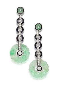 A pair of art deco onyx, jadeite jade and diamond pendant earrings,