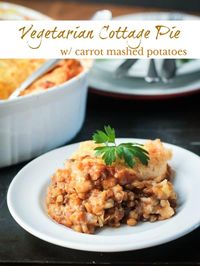 Vegetarian Cottage Pie with lentils, winter squash, cauliflower and spices in a rich savory tomato sauce and topped off with creamy carrot mashed potatoes. A delicious meatless comfort food recipe the whole family will love! #vegan #glutenfree #casserole #vegetarian #dairyfree #healthy #cleaneating #meatless