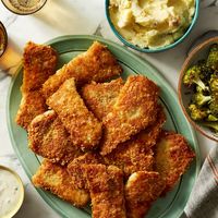 Recipe: Crispy Wild Alaskan Pollock with Garlic Mashed Potatoes & Tartar Sauce - Blue Apron - - - pinner: only made the fish; yummy; only cut 1 filet in half and left the others whole(both were good); the whole ones made good sandwiches with mayo & American cheese on hamburger buns