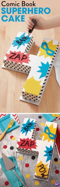 This Comic Book Superhero Cake sure does pack a punch! Decorated with fun comic book callouts and embellished with a cape (a must-have for all superheroes), this birthday cake is great for crime fighters of all ages. Best of all, this cake is made with the Countless Celebrations Cake Pan Set, giving you the freedom to create superhero letters, numbers and more!