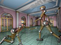 Pair of feminine, metallic robots in a palace hall. 2020, giclée print. Watermarked preview. #robots #bots #android #feminine #palace #hall #sciencefiction #tingirl #femalerobot #metalrobot #wideshot #wallart #rollerskates #rollerskating #inlineskates #rollerblades #balljoints #fantasy #mechanicalsprings #goldendoors #metalman #fembot #buttbot #assbot #booty #buttocks #sportyrobot #sportybot #palacehall #futuristicscene