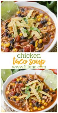 A warm tasty soup full of chicken, beans, corn, spices, and of course - tortilla strips on top! You're going to love this hearty, delicious chicken taco soup that can be enjoyed all year long - especially in the fall! #chickentacosoup #tacosoup #souprecipe #soup