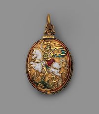 Watch made 1600 in the form of a Lesser George by Nicholas Vallin Huguenot Emigre Made in the shape of an ensign of the English Order of the Garter, the case of this watch depicts Saint George fighting the dragon, and its band is enameled with the motto of the order: