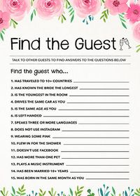 Find the Guest Bridal Shower Game, Wedding Quiz Game, Printable Digital Download Bridal Shower Games, Wedding Shower Games, Pink Flowers