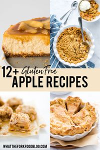 The best gluten free apple recipes to add to your recipe collection! Recipes like gluten free apple pie, gluten free apple crisp, gluten free apple muffins, gluten free donuts, caramel apple cheesecake, cinnamon applesauce, apple butter, and more! Save this popular pin from @whattheforkblog - visit whattheforkfoodblog.com for more gluten free baking and gluten free dessert recipes. #glutenfree #applerecipes #fallbaking