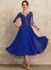 A-Line Scoop Illusion Tea-Length Chiffon Lace Cocktail Dress With Sequins (016230350) - JJ's House