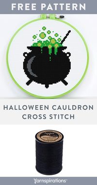Free Halloween Cauldron Cross Stitch pattern using Anchor Embroidery Floss Spools. Cross stitch a fun Halloween motif. The bubbling cauldron uses four colors of Anchor® Floss on spools. A cross stitch chart, color reference and stitch diagrams are included. #CrossStitch #Anchor #AnchorFloss #SpoolFloss #Yarnspirations