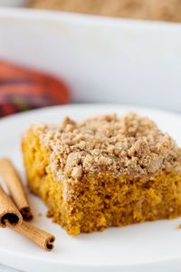 This Pumpkin Coffee Cake recipe tastes like fall. A cozy and generous mix of spices - cinnamon, ginger and nutmeg, along with a rich crumb topping make this coffee cake a perfect, seasonal treat.