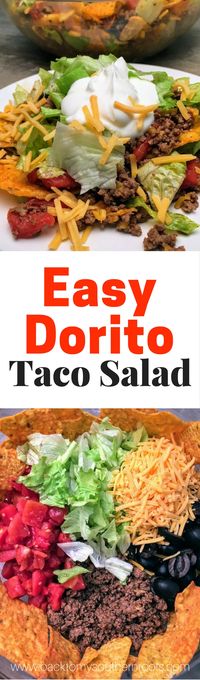 Easy Dorito Taco Salad Recipe is an easy dinner to make. It features spicy taco flavors that will please a crowd. Easy Dorito Taco Salad is perfect for a family supper, a tailgating party, football games, or any holiday. #dorito #taco #salad #supper #dinner #superbowlpartyfood