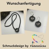 Halskette und Ohrringe für eine ganz zierliche Person. Glitzernde Rivolisteine und 1,5mm Samenperlen.