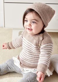 Free Knitting Pattern for Easy Wee Stripes Baby Sweater and Hat - Rated easy by Bernat, this matching hat and pullover sweater set iis sized for babies from 6 months to 2 years