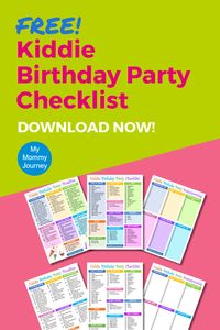 This is a free kiddie birthday party checklist to help you plan your child's party. It comes with a filled-in birthday party checklist of the items you will need. It has a birthday party timeline checklist to help you keep up with what needs to be completed weeks or days before and on the day of the party. And it also has a blank kiddie birthday party checklist for your brainstorming ideas. This free printable comes in full color and simple white ground to save on printer ink. Download now!