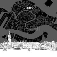 Hand drawn sketch of Venice skyline with map. Vector drawing of skyline with map, Italy. Black and white illustration concept.... ... #drawing #map #sketch #skyline #travel #art #advertising #city #poster #design #typography #hebstreit