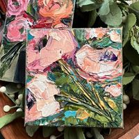Marie Wheeler Art on Instagram: "Pink roses peeking through the bushes…I wish it was happening in my flower bed but it’s not just yet. Getting springlike weather these days so it’s happening soon. In the meantime, settling for palette knife pink roses. 4x4 gallery wrapped canvas #contemporaryart #paletteknifepainting #texturedart #textureart #artforyourhome #dailypainting #artstyles #acrylicpaintingoncanvas #roseart #mcdonoughga #floralartwork #homedecorart #floralart #paintingaday #...