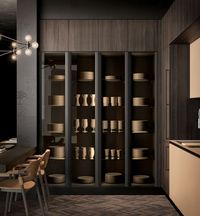 Havana gres Mutina | Thermo-treated oak and black aluminum frame bronze glass | Thermo-treated oak | Worktop: Mutina | Snack table: thermo-treated oak | Plinth: urban