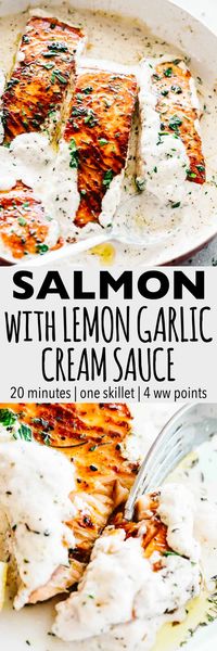 One skillet salmon dinner served with lemon garlic cream sauce. Quick enough for a weeknight dinner & so good it's sure to become a favorite salmon recipe. #salmon #dinner
