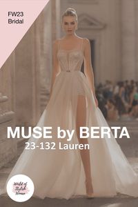 Beautifu Embroidered Strapless Sweetheart A-Line Slip & Slit Wedding Dress / Wedding Gown with Spaghetti Straps and a small Train. Ideal for a Beach Wedding. Fall Winter 2023 Bridal Collection "Pantheon" by Berta.