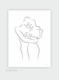 Family with baby - mother and father drawing. Minimalist line art print. Black and white wall art.
