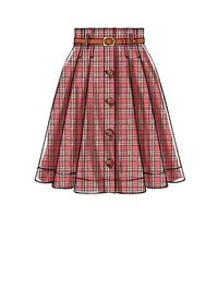 M7906 Misses' Belted and Button-Front Skirts Very full pleated skirts are worn 2" above the waist and have button front, front and back facings, deep hem and length and carrier variations. A, C: Narrow carriers for purchased belt. D: Wide carriers and self tie belt. #mccallspatterns #sewingpattern